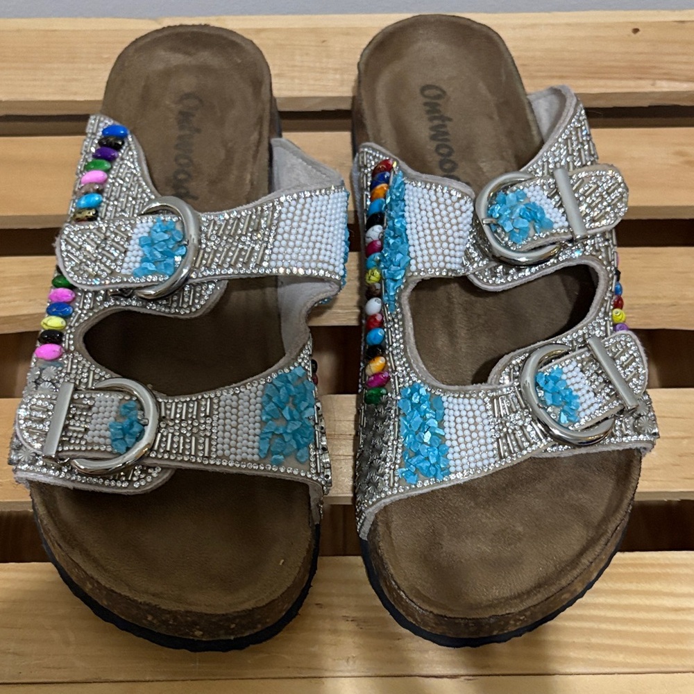 Outwoods Beaded Sandals - White and Multicolor